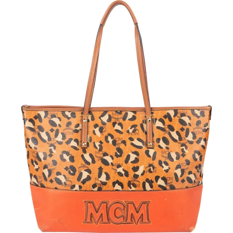 MCM Monogram Leopard Visetos Canvas Leather Liz Tote Shoulder Bag