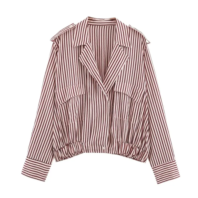 Damen Gestreifte Cropped-Blousonjacke mit Reverskragen, Pattentaschen und Gummizugsaum Echo Archiv