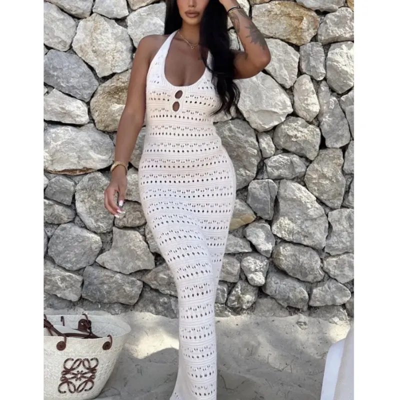 Damen Häkel-Maxikleid mit modischen Cut-Outs und lockerer Passform – Valéora