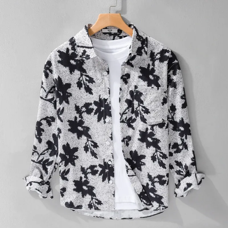 Herren Lockeres Baumwoll-Layering-Overshirt mit painterly Blumenallover und Brusttasche Echoarchiv